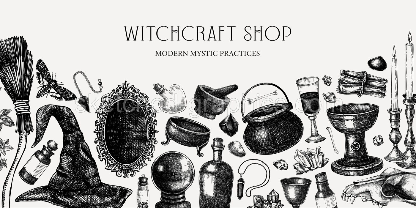 Sketch style witchcraft banner. Vinatge Halloween background. Hand-drawn vector illustration. Antique apothecary design. Witchcraft shop border. NOT AI generated Illustration